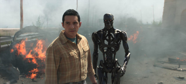 Gabriel Luna as the Rev 9; Ectoskeleton, left, and Endoskeleton, right.