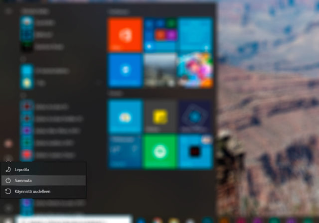 Windowsin käynnistysvalikko.