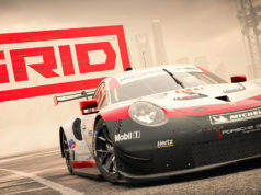 Grid-arvostelu – Arcade-rata-ajoa 2000-luvun malliin Grid-logo sekä Porsche GT-auto.