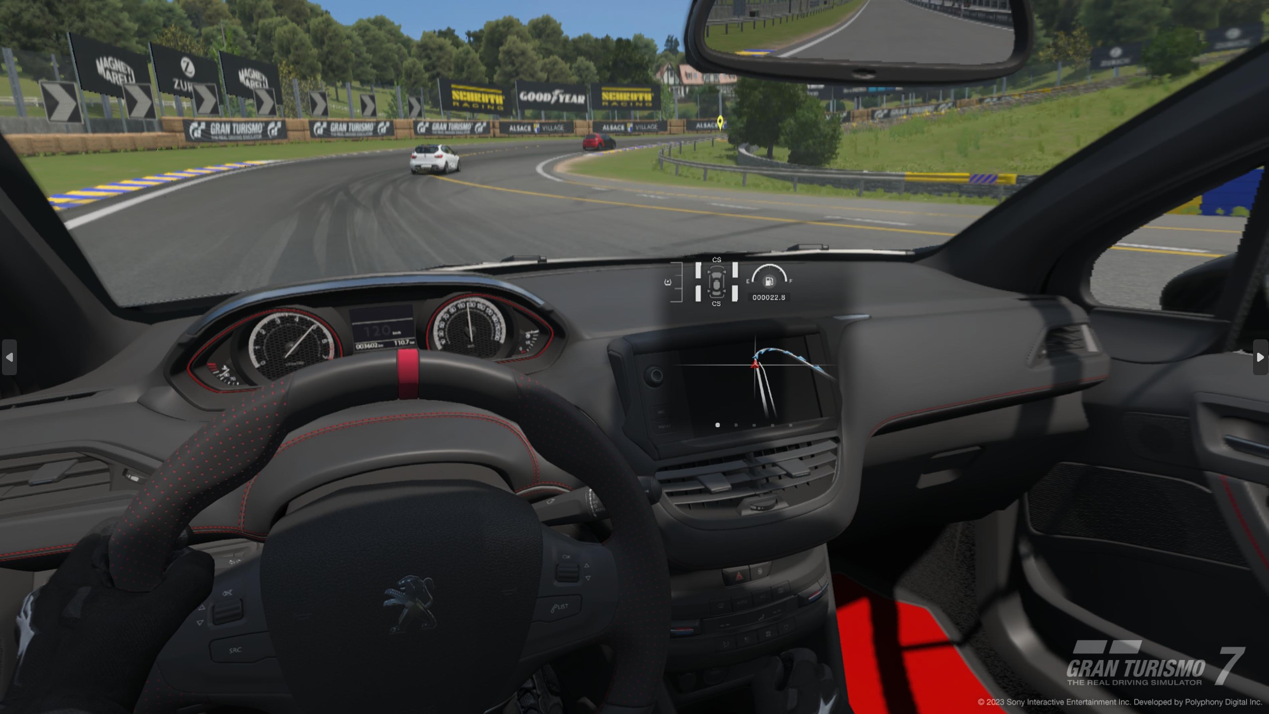 VR-ajokuvaa Peugeot 206:n ohjaamosta.