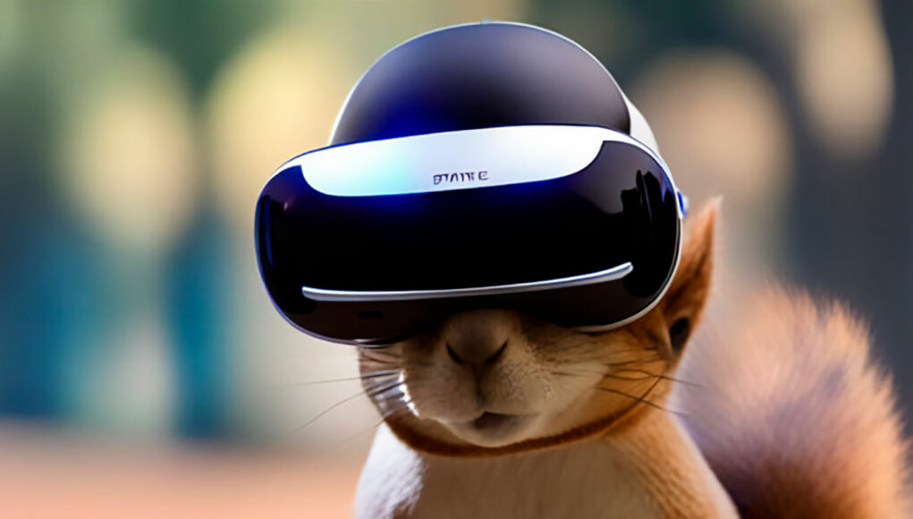 Orava pelaa VR-pelejä VR-visiiri päässään.