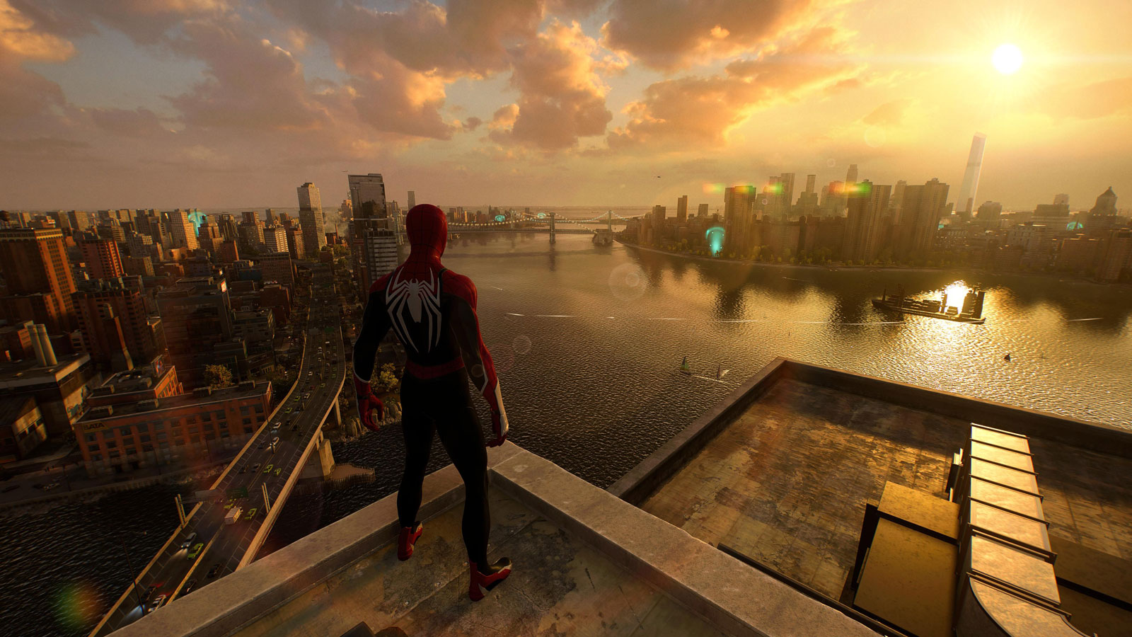 Spider-Man talon katolla, josta avautuu New Yorkin panorama.