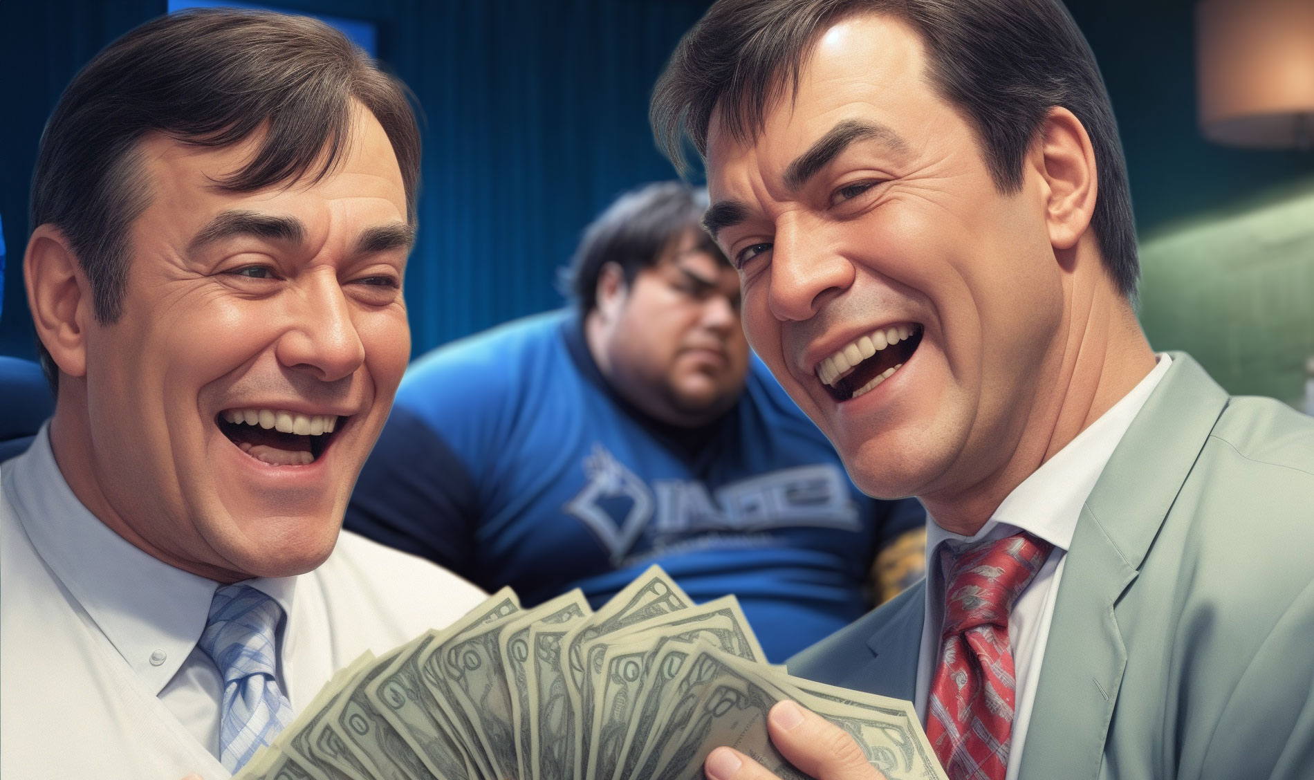 Bisnesmiehet nauravat rahatukon kanssa, kun pelaaja suree taustalla.