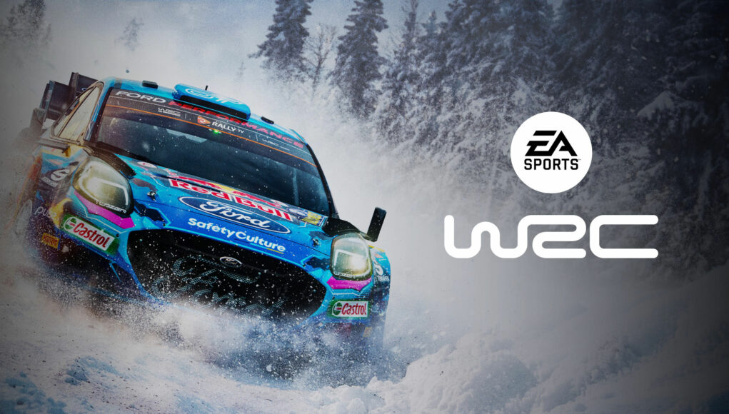 EA Sports WRC -pelin kansitaide, jossa ralliauto ajaa lumessa.