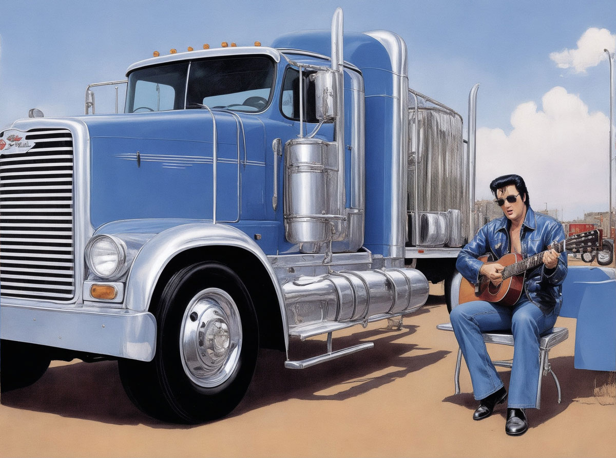 Elvis soittaa rekka-auton vieressä kitaraa.