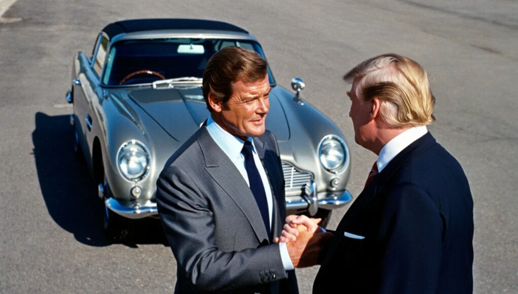 Tekoälyllä luotu kuva, jossa James Bond ja Trump kättelevät.