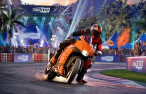 Ride 6 -arvostelu – en pelkää, nousta mä baggerin selkään Moottoripyörä ajaa aggressiivisesti moottoriradalla.