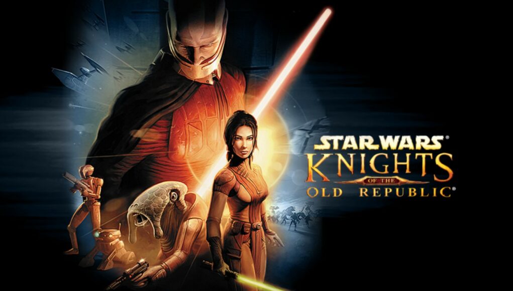 Star Wars Knights of the Old Republic Star Wars: Knights of the Old Republic -videopelin kansikuva. Kuvassa on useita pelin hahmoja mustalla pohjalla. Keskellä seisoo Bastila Shan pitelemässä keltaista valomiekkaa, ja hänen takanaan kohoaa suurikokoinen, pelottava Darth Malak punaisessa asussaan. Vasemmalla puolella näkyy ryhmä muita hahmoja, kuten droidit HK-47 ja T3-M4 sekä ithorian-lajin edustaja. Oikealla puolella on pelin logo kultaisilla kirjaimilla ja taustalla näkyy taisteluplaneettoja ja avaruusaluksia.