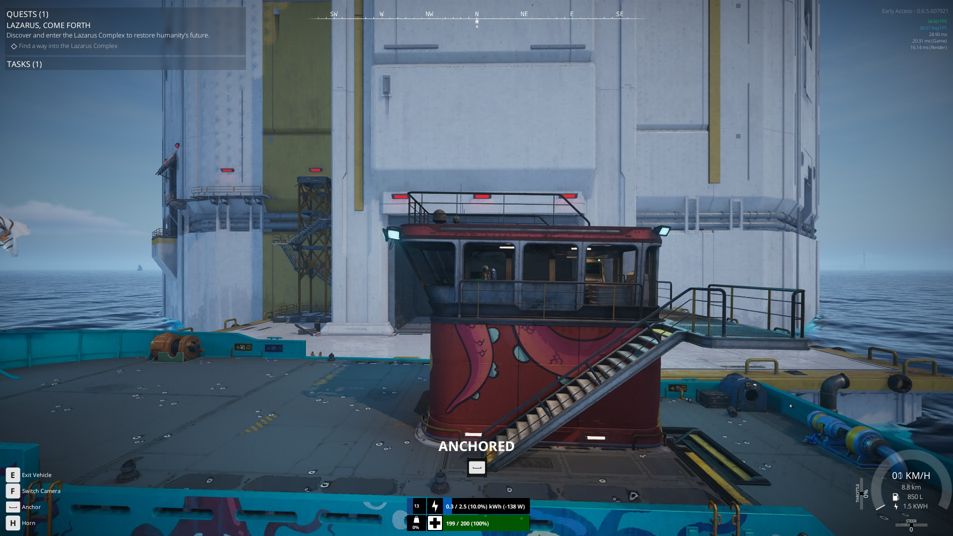 Kuvakaappaus videopelistä, jossa näkyy ankkuroitu alus suuren valkoisen rakennelman tai tornin vieressä merellä. Vasemmassa yläkulmassa näkyy "Lazarus, Come Forth" -tehtävä.