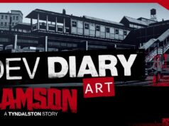 Ennen kuin GTA 6 ilmestyy, kannattaa ehdottomasti pitää silmällä tätä YouTube-videon pikkukuva, jossa on teksti ”DEV DIARY ART – SAMSON: A TYNDALSTON STORY”. Kuvan yläreunassa on videon otsikko ”SAMSON | Development Diary - City & Car Design” ja Liquid Swords -studion logo. Taustalla on graafinen, mustavalkoinen piirros kaupunkimaisemasta, jossa näkyy rautatieasema portaikkoineen ja autoja. Kokonaisuus on tyylitelty vahvoilla mustan, valkoisen ja punaisen sävyillä.