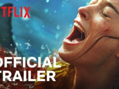 Hurrikaani tuo hait pikkukaupunkiin Netflixin uudessa Thrash-selviytymiskauhuelokuvassa Dramaattinen videon pikkukuva, jossa nainen huutaa suu ammollaan ja silmät puristettuina kiinni. Hän on vedessä, ja hänen takanaan näkyy hain evä sekä roiskuvaa verta muistuttavaa punaista nestettä. Kuvan vasemmassa yläkulmassa on punainen Netflix-logo ja alareunassa lukee suurilla valkoisilla kirjaimilla "OFFICIAL TRAILER". Valaistus on kirkas ja tunnelma erittäin intensiivinen.