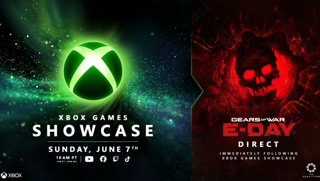 Mainoskuva kahdesta peli-tapahtumasta. Vasemmalla on vihreä Xbox Games Showcase -osio, jossa on Xbox-logo ja päivämäärä sunnuntai 7. kesäkuuta. Oikealla on punasävyinen Gears of War: E-Day Direct -osio, jossa näkyy halkeilevasta maasta nouseva pääkallo-logo. Teksti ilmoittaa Direct-lähetyksen seuraavan heti Showcasen jälkeen.