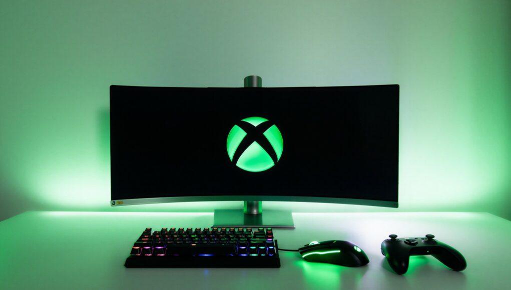 Hämärässä huoneessa sijaitseva pelipiste, jota valaisee kirkkaanvihreä LED-taustavalo. Pöydällä on kaartuva ultraleveä näyttö, jonka ruudulla näkyy Xboxin logo. Näytön edessä on RGB-valaistu näppäimistö ja hiiri sekä musta peliohjain.