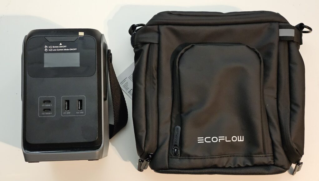 EcoFlow TRAIL 200 DC varavirtalähde ja laukku vierekkäin