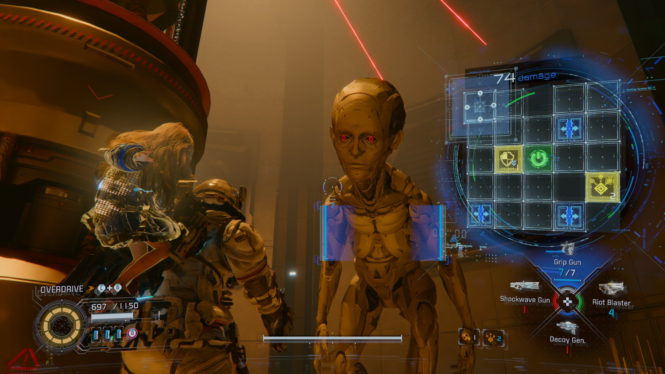 Hugh ja Diana kohtaamassa jättimäisen botin. Oikeassa reunassa hakkerointiruudukko.