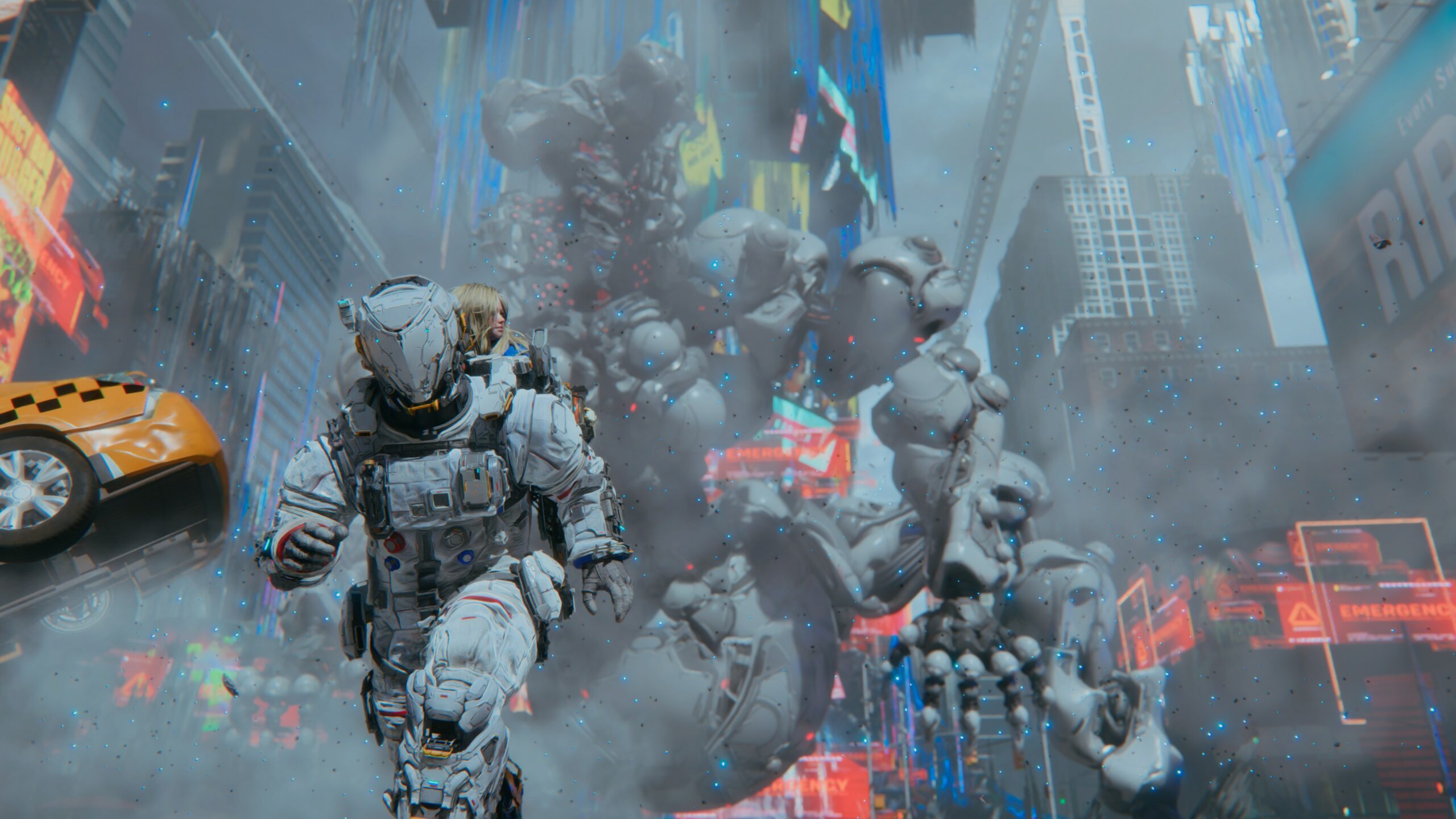 Hugh ja Diana juoksemassa karkuun taustalla näkyvää jättimäistä uhkaa tulostimen mukailemassa New York-kopiossa.