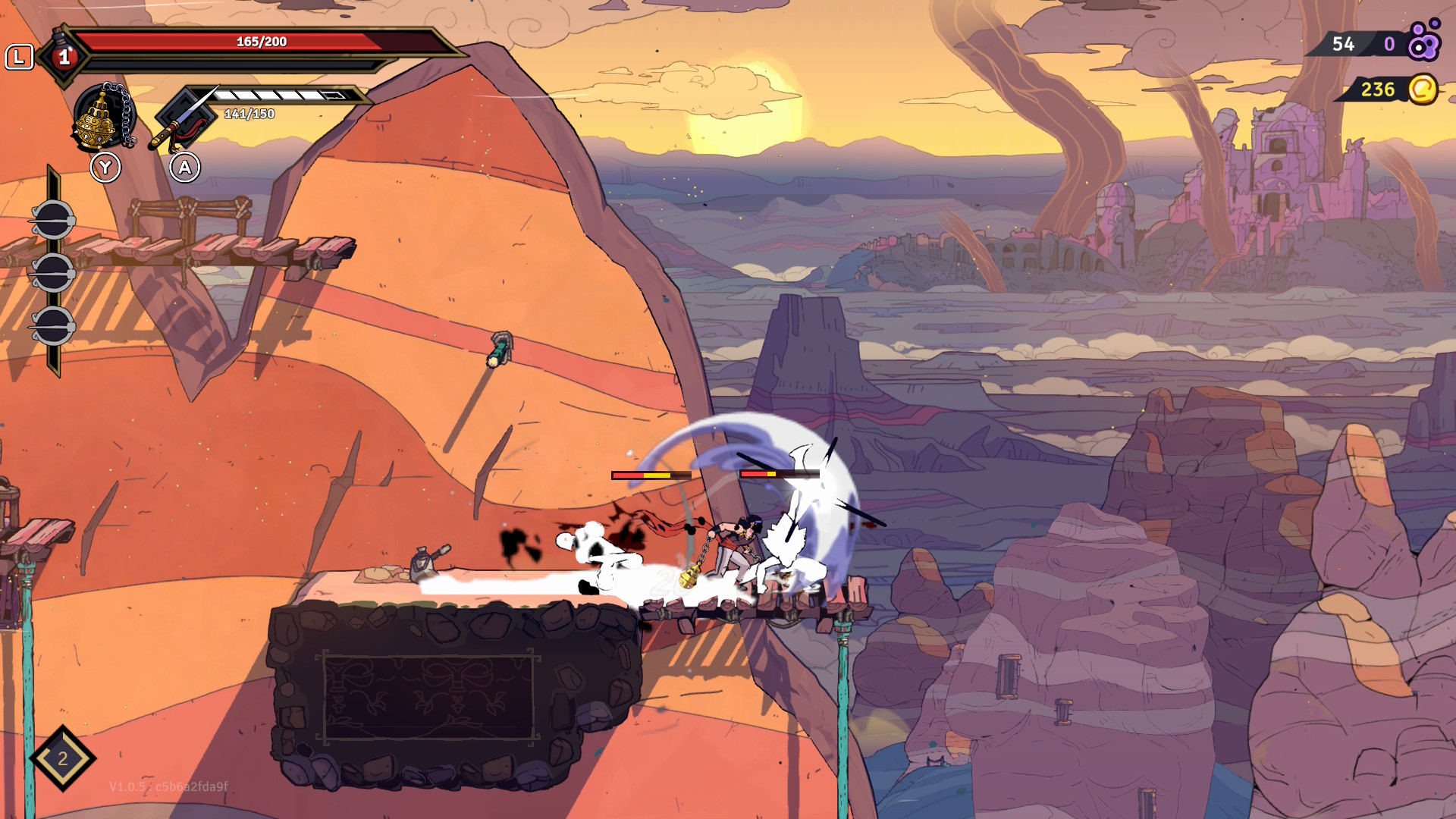 Prinssi taistelee vuoristomaisemassa kahden vihollisen kanssa. Kumpikin vihollinen on vahingoittunut prinssin ketjuaseesta. Maastossa näkyy paikkoja, joissa prinssi voisi kiipeillä.