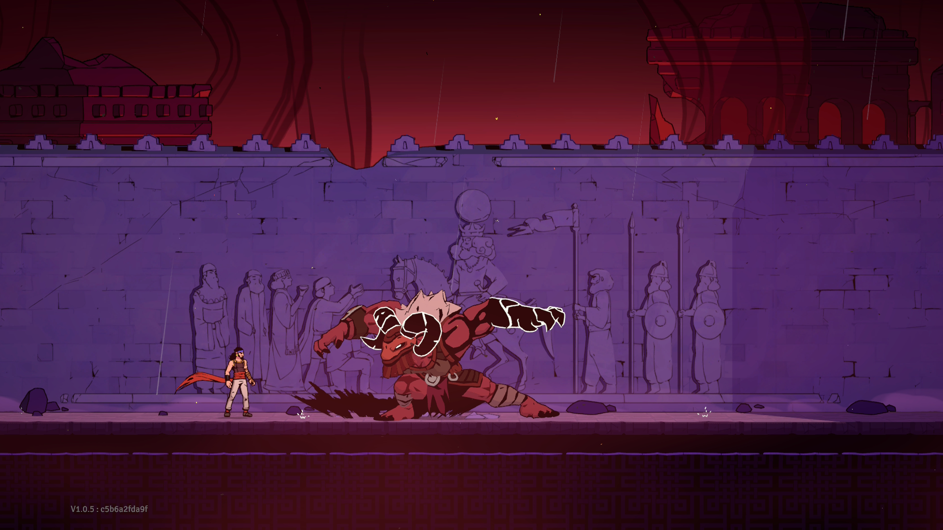 Punertavaa vuohidemonia muistuttava kenraali on hyökkäämässä Prinssin kimppuun reliefimuurin edessä pomotaisteluareenalla.