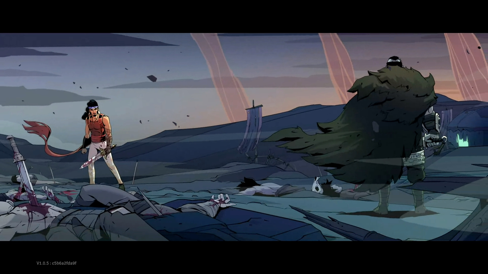 Prinssi seisoo uhmakkaana verisen miekkansa kanssa vasten selin olevaa uhmaavaa turkisviitalla varustettua hunnipäällikköä. Maassa on kummankin osapuolen kuolleita taistelutovereita.