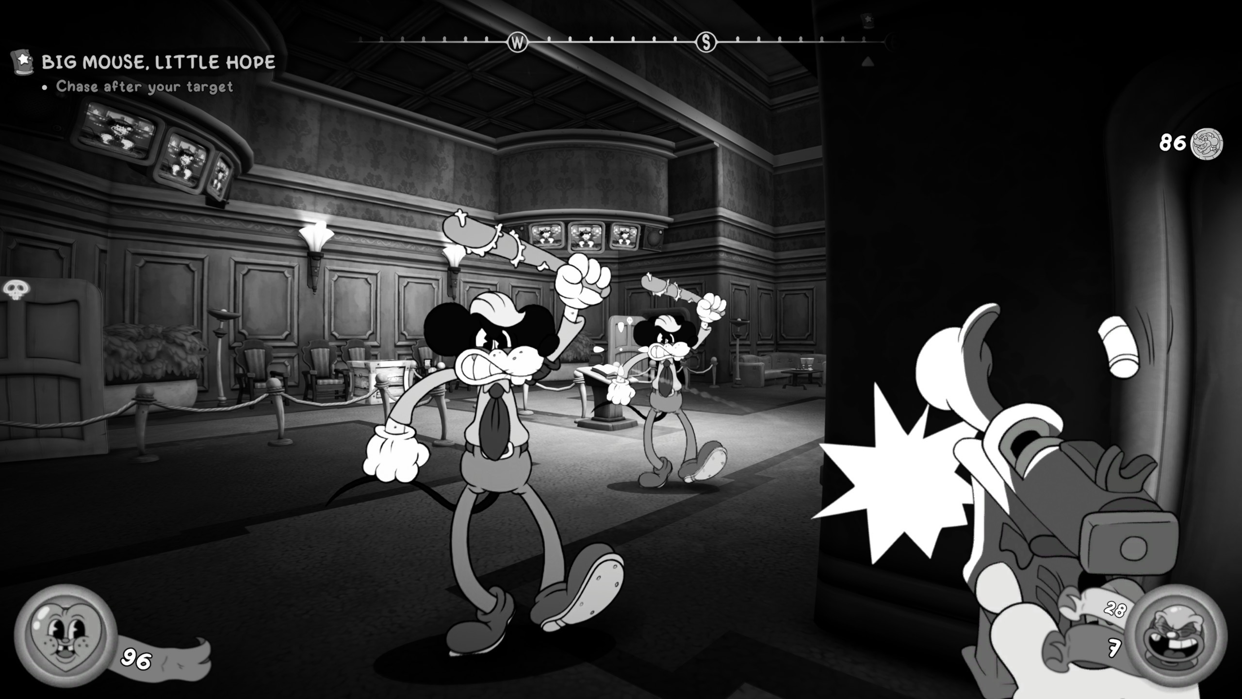 Mustavalkoinen kuvakaappaus ensimmäisen persoonan räiskintäpelistä, joka on toteutettu 1930-luvun animaatiotyylillä. Pelaaja tähtää pistoolilla, josta lähtee sarjakuvamainen suuliekki, kohti kahta vihaista hiirihahmoa. Hiirillä on yllään solmiot ja hatut, ja ne heiluttavat naulaisia nuijia hotellin aulaa muistuttavassa tilassa. Ruudun reunoilla näkyy pelin käyttöliittymä, kuten elämäpisteet ja tehtävän nimi ”BIG MOUSE, LITTLE HOPE”.