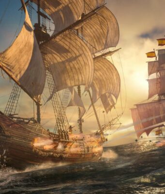 Tällainen on heinäkuussa julkaistava Assassin’s Creed: Black Flag Resynced Vauhdikas pelikuva kahden suuren purjelaivan välisestä meritaistelusta aallokkoisella merellä. Etualalla oleva puinen kaljuuna ampuu tykeillään kohti taustalla olevaa espanjalaista sotalaivaa, jonka purjeissa näkyy punainen leijonavaakuna ja mastoissa Espanjan liput. Tykinlaukaukset luovat valoa ja savua, ja ilmassa näkyy lentäviä tykinkuulia. Taustalla ilta-aurinko paistaa pilvien läpi luoden lämpimän keltaisen hohdon meren ylle.