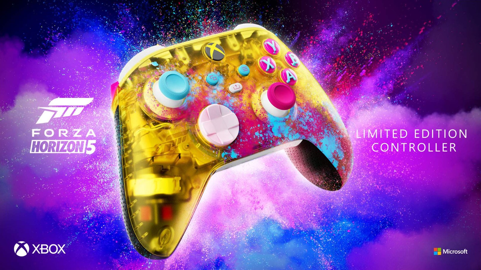 Mainoskuva Forza Horizon 5 -pelin rajoitetun erän Xbox-ohjaimesta. Ohjain on läpinäkyvän keltainen, ja sen pintaan on roiskittu kirkkaan vaaleanpunaista ja turkoosia väriä. Ohjaimen painikkeet ja tatit ovat monivärisiä. Taustalla on räiskyvä purppuran ja sinisen värinen jauhepilvi. Kuvassa näkyvät myös Forza Horizon 5-, Xbox- ja Microsoft-logot sekä teksti ”LIMITED EDITION CONTROLLER”.