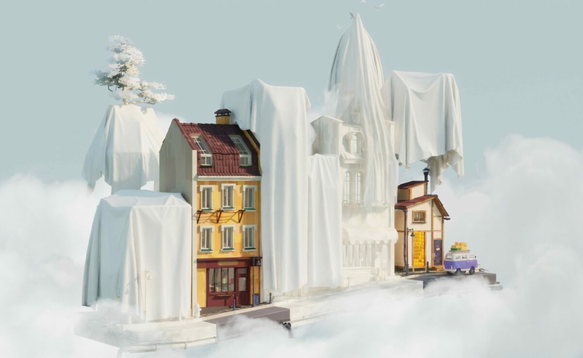 Surrealistinen animaatiokuva pilvien päällä leijuvasta rakennusryhmästä. Keskellä on keltainen kolmikerroksinen talo, jossa on punainen tiilikatto. Suurin osa muista rakennuksista ja ympäröivistä puista on peitetty valkoisilla kankailla, luoden aavemaisen ja keskeneräisen vaikutelman. Oikeassa reunassa näkyy pieni purppuranvärinen pakettiauto, jonka katolle on lastattu tavaroita.