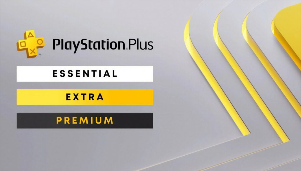 PlayStation Plus -palvelun tilaustasoja esittelevä graafinen kuva harmaalla taustalla. Vasemmassa yläkulmassa on PlayStation Plus -logo. Sen alla on kolme päällekkäistä palkkia: valkoinen palkki tekstillä ”ESSENTIAL”, keltainen palkki tekstillä ”EXTRA” ja musta palkki, jossa on keltainen teksti ”PREMIUM”. Taustalla näkyy tyyliteltyjä, kaartuvia linjoja, joista hohdaa keltaista valoa.