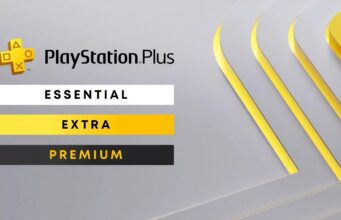 Nämä kolme isoa peliä tulevat PS Plus -valikoimiin PlayStation Plus -palvelun tilaustasoja esittelevä graafinen kuva harmaalla taustalla. Vasemmassa yläkulmassa on PlayStation Plus -logo. Sen alla on kolme päällekkäistä palkkia: valkoinen palkki tekstillä ”ESSENTIAL”, keltainen palkki tekstillä ”EXTRA” ja musta palkki, jossa on keltainen teksti ”PREMIUM”. Taustalla näkyy tyyliteltyjä, kaartuvia linjoja, joista hohdaa keltaista valoa.