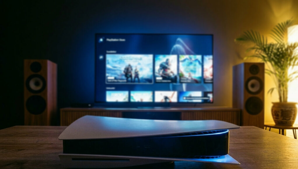 Tunnelmallinen, 35 mm:n filmikameralla otettu valokuva olohuoneesta iltahämärässä. Etualalla puisella pöydällä lepää PlayStation 5 -konsoli, jonka sininen merkkivalo hohtaa pimeässä. Taustalla on suuri televisio, jossa näkyy PlayStation Store -valikko pelikuvakkeineen. Television molemmin puolin on puiset lattiakaiuttimet, ja oikeassa reunassa on viherkasvi, jota valaisee lämmin, keltainen tunnelmavalo. Huoneen valaistus on hämärä ja koostuu television sinertävästä kajosta sekä nurkkauksen pehmeästä keltaisesta valosta.