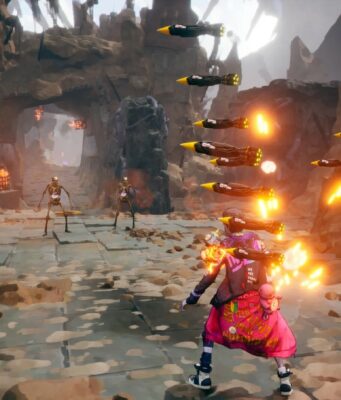 Capcom-veteraani Hiroyuki Kobayashi rakentaa uutta pelimaailmaa nollasta – työn alla toimintapeli Stupid Never Dies Pelinäkymä kolmannen persoonan toimintapelistä, jossa värikkäästi pukeutunut hahmo seisoo selin katsojaan raunioituneessa, kallioisessa ympäristössä. Hahmon edessä on suuri joukko ilmassa lentäviä ohjuksia, joiden perässä loimuaa kirkas oranssi tuli. Taustalla näkyy kolme luurankovihollista hiekkaisella polulla, joka johtaa kiviholvin läpi. Ympäristö on täynnä murenevia rakenteita ja palavia soihduja.