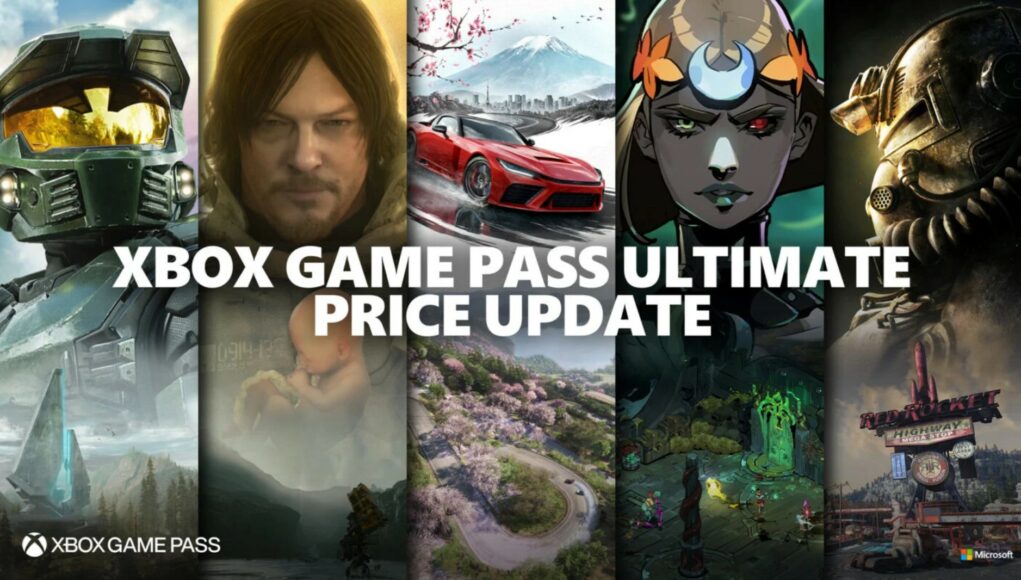 Xbox Game Pass Ultimate -palvelun hintapäivityksestä ilmoittava mainoskuva. Kuva on jaettu viiteen pystysuoraan osioon, joista jokainen esittelee eri videopeliä: vasemmalta lukien Halo (Master Chief), Death Stranding (Sam Porter Bridges), Forza (punainen urheiluauto), Hades II (Melinoë) ja Fallout (Power Armor). Kuvan keskellä on suuri valkoinen teksti "XBOX GAME PASS ULTIMATE PRICE UPDATE". Vasemmassa alakulmassa on Xbox Game Pass -logo ja oikeassa alakulmassa Microsoftin logo.