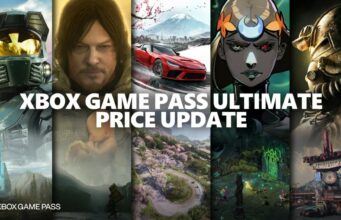 Micorosft laskee Game Passin hintaa ja tekee muutoksen Call of Dutyn valikoimaan Xbox Game Pass Ultimate -palvelun hintapäivityksestä ilmoittava mainoskuva. Kuva on jaettu viiteen pystysuoraan osioon, joista jokainen esittelee eri videopeliä: vasemmalta lukien Halo (Master Chief), Death Stranding (Sam Porter Bridges), Forza (punainen urheiluauto), Hades II (Melinoë) ja Fallout (Power Armor). Kuvan keskellä on suuri valkoinen teksti "XBOX GAME PASS ULTIMATE PRICE UPDATE". Vasemmassa alakulmassa on Xbox Game Pass -logo ja oikeassa alakulmassa Microsoftin logo.
