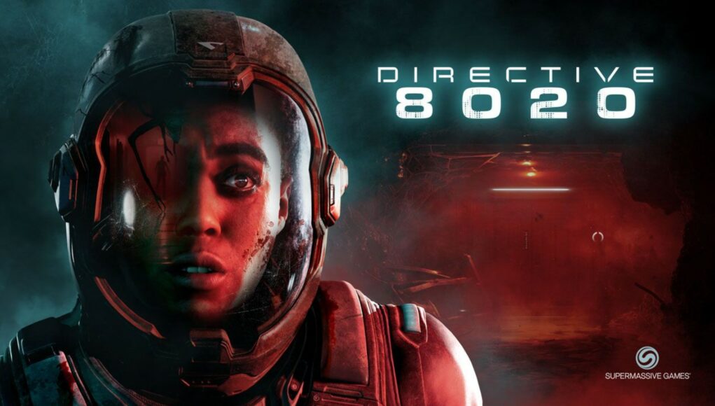 Mainoskuva Supermassive Gamesin kauhupelistä "Directive 8020". Kuvassa on lähikuva pelästyneestä astronautista, jonka kypärän visiiri on murtunut ja veritahrojen peitossa. Visiirin heijastuksessa näkyy uhkaava hahmo. Taustalla on pimeä ja punertava tieteisympäristö, mahdollisesti avaruusaluksen käytävä. Kuvan oikeassa yläkulmassa on pelin tyylitelty nimi "DIRECTIVE 8020" ja alhaalla Supermassive Games -logo. Tunnelma on painostava ja kauhumainen.