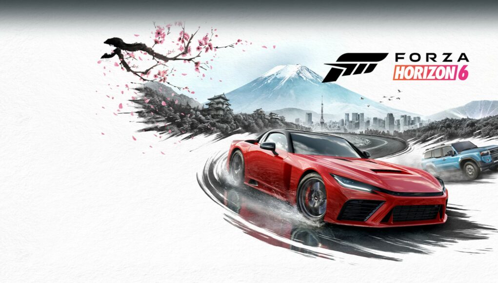 Tyylitelty konseptikuva "Forza Horizon 6" -pelistä, joka sijoittuu Japaniin. Kuvassa kirkkaanpunainen urheiluauto driftaa vauhdikkaasti etualalla, ja sen takana näkyy vaaleansininen maasturi. Tausta on toteutettu vesivärimaalausta muistuttavalla tyylillä, jossa yhdistyvät perinteinen ja moderni Japani: vasemmalla on kirsikkapuun kukkia (sakura), keskellä lumihuippuinen Fuji-vuori ja pagodi-temppeli, ja oikealla moderni suurkaupungin siluetti pilvenpiirtäjineen. Kuvan yläkulmassa on pelin logo "FORZA HORIZON 6".