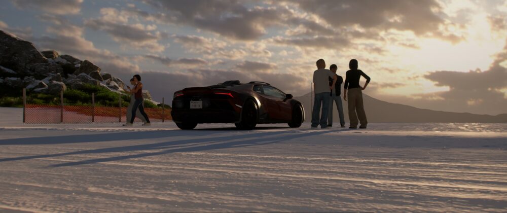 Laajakuva Forza Horizon -ajopelistä, jossa tummanpunainen Lamborghini Huracán Sterrato on pysäköitynä lumiselle kentälle auringonlaskun aikaan. Auton ympärillä seisoo ryhmä ihmishahmoja siluetteina lämpimässä vastavalossa. Taustalla näkyy lumisia vuoria ja pilvinen taivas, jota laskeva aurinko värjää kullan ja oranssin sävyillä. Lumihiutaleet ja renkaiden jäljet näkyvät tarkasti etualalla olevassa lumessa, ja hahmojen pitkät varjot lankeavat kohti katsojaa.