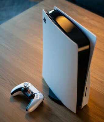 Sony ei aio myydä konsoleitaan tappiolla, mutta seuraa markkinoita PS6:n osalta Korkealaatuinen tuotekuva pystyasennossa olevasta PlayStation 5 -konsolista ja sen vieressä olevasta DualSense-ohjaimesta. Laitteet on sijoitettu vaalealle puupöydälle, ja kuva on otettu yläviistosta. Konsolin valkoinen ulkokuori ja musta keskiosa heijastavat pehmeää, lämmintä valoa, joka luo kuvaan tyylikkään ja modernin tunnelman. Tausta on osittain epätarkka, korostaen pelikonsolia kuvan keskipisteenä.
