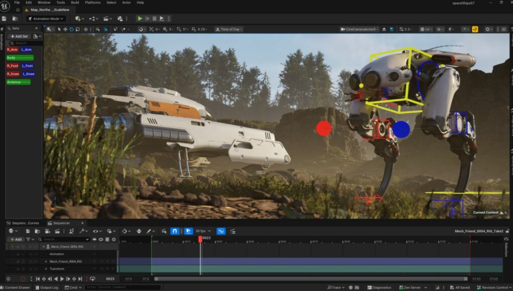 Ruutukaappaus Unreal Engine -pelimoottorin käyttöliittymästä. Työn alla on 3D-kohtaus, jossa näkyy futuristinen valkoinen avaruusalus ja mekaaninen robotti maastossa. Robotilla on yllään värikkäitä ohjauspisteitä (rigging) animointia varten. Ruudun alareunassa näkyy "Sequencer"-aikajana ja vasemmalla animaatiotyökaluja.