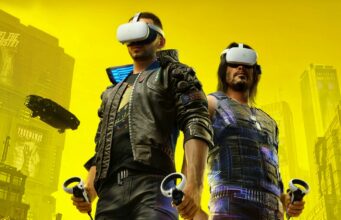 VR-pelien tulevaisuus näyttää juuri nyt varsin synkältä Mainos- tai julkaisutyylinen kuva, jossa yhdistyvät Cyberpunk 2077 -pelin hahmot ja virtuaalitodellisuus (VR). Kuvassa kaksi pelistä tuttua hahmoa, päähenkilö V (vasemmalla) ja Johnny Silverhand (oikealla), seisovat rinnakkain dramaattisessa alaviistosta otetussa rajauksessa. Molemmilla hahmoilla on silmillään valkoiset, modernit VR-lasit (kuten Meta Quest), ja he pitelevät käsissään valkoisia VR-ohjaimia. V:llä on yllään pelille tunnusomainen korkeakauluksinen nahkatakki, jonka kauluksessa loistaa sininen valo, ja Johnnylla on yllään tumma, hihaton taktinen liivi ja tunnistettavat pitkät hiukset. Tausta on kokonaan kirkkaankeltainen, ja siinä siintää Night Cityn futuristinen kaupunkimaisema pilvenpiirtäjineen, mainosvaloineen ja ilmassa lentävine ajoneuvoineen.