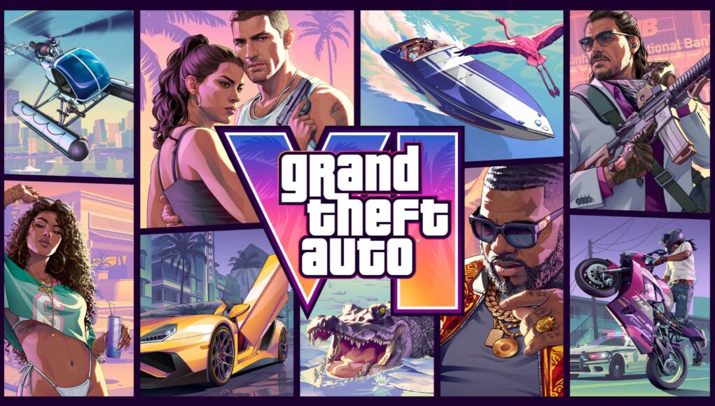 gta-6-gta-vi-nostokuva Grand Theft Auto VI -pelin virallinen taustakuvakollaasi, jonka keskellä on suuri "Grand Theft Auto VI" -logo ja sen ympärillä useita eri pelihahmoja sekä toiminnallisia kohtauksia, kuten pikavene, Lamborghini, alligaattori ja moottoripyörällä keuliva hahmo poliisiauton edessä.
