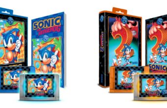 Sonic the Hedgehog -pelit julkaistaan 35-vuotisjuhlaversioina Sega Mega Drive -konsolille Kuvassa on kaksi Sonic the Hedgehog -pelikokoelmaa; vasemmalla sinisessä teemassa ensimmäinen osa ja oikealla oranssissa teemassa Sonic the Hedgehog 2, molempiin kuuluu pelikotelo, manuaali ja pelikasetti.
