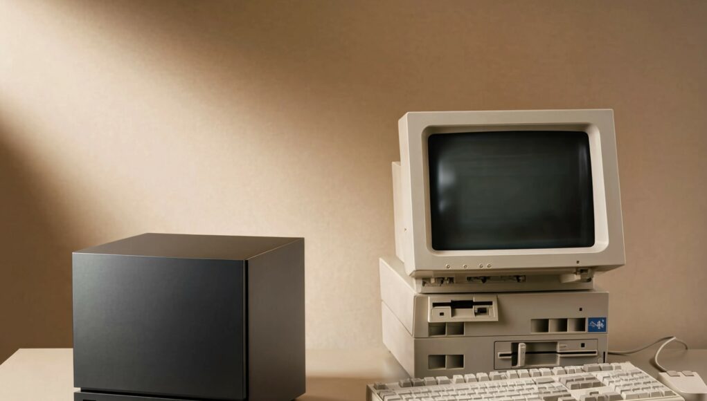 steam-machine-vs-IBM Steam Machine ja IBM-tietokone vierekkäin studiokankaalla.