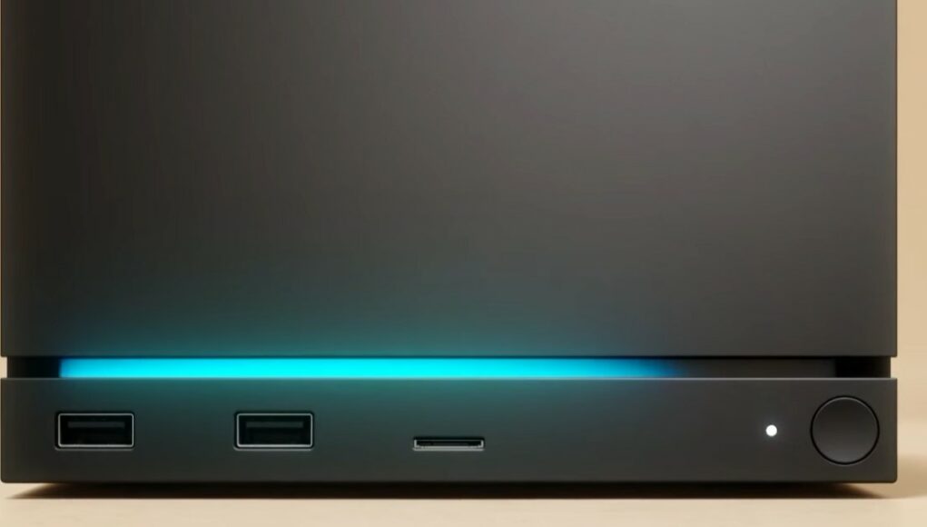 Lähikuva mattamustan, pelikonsolia tai tietokoneen koteloa muistuttavan elektronisen laitteen alaosasta, jossa on kaksi USB-A-porttia, yksi USB-C-portti, pieni valkoinen merkkivalo sekä pyöreä virtapainike, ja jonka yläpuolella loistaa ohut, kirkkaan turkoosi LED-valonauha.