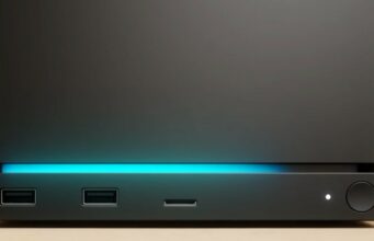Valve julkisti Steam Machine -olohuone-pelitietokoneensa hinnat ja aloitti myynnit Lähikuva mattamustan, pelikonsolia tai tietokoneen koteloa muistuttavan elektronisen laitteen alaosasta, jossa on kaksi USB-A-porttia, yksi USB-C-portti, pieni valkoinen merkkivalo sekä pyöreä virtapainike, ja jonka yläpuolella loistaa ohut, kirkkaan turkoosi LED-valonauha.