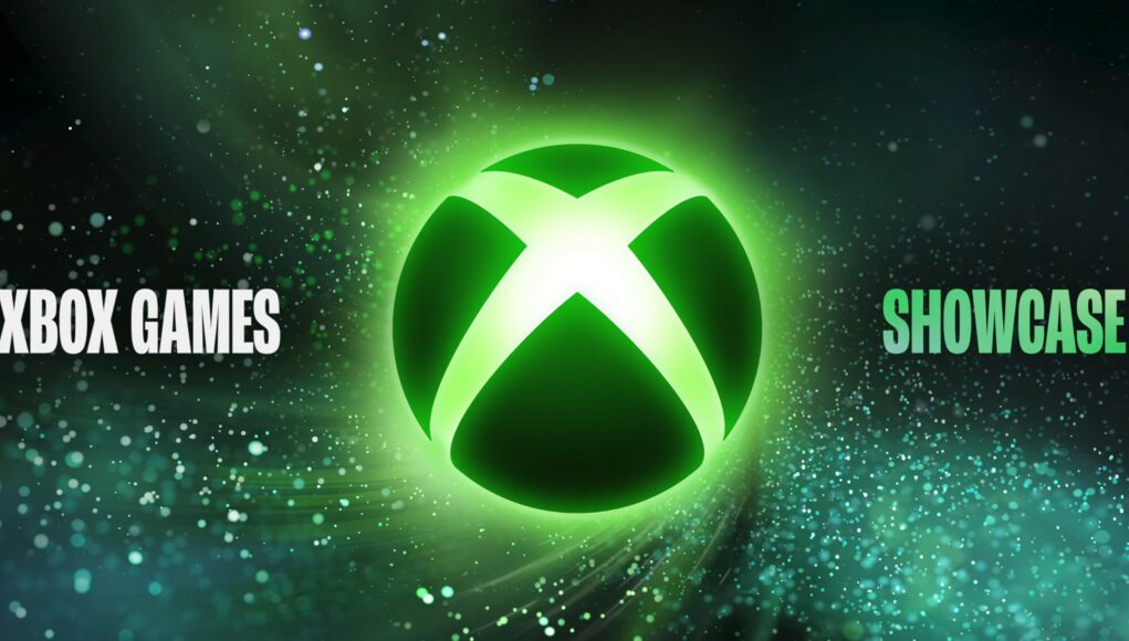 xbox-showcase-26 Tapahtuman mainoskuva, jonka keskellä on suuri, kirkkaanvihreänä hohtava pyöreä Xbox-logo valkoisella X-kirjaimella. Tausta on tumma, avaruusmainen ja täynnä vihreitä sekä valkoisia kimaltelevia hiukkasia ja tähtipölyä, jotka luovat dynaamisen kaartuvan efektin logon ympärille. Vihreän logon vasemmalla puolella lukee valkoisella selkeällä fontilla "XBOX GAMES" ja oikealla puolella vihreällä fontilla "SHOWCASE"