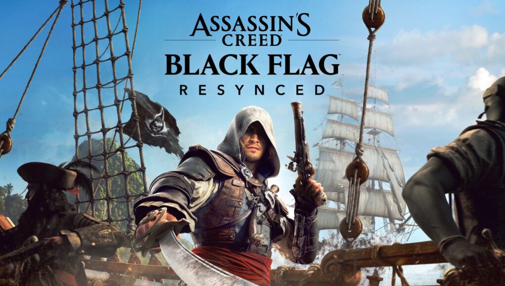assassins-creed-black-flag-resynced-arvostelu Assassin's Creed Black Flag Resynced -pelin mainoskuva, jossa päähenkilö poseeraa miekka ja pistooli kädessään merirosvolaivan kannella.