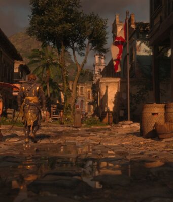 Assassin’s Creed Black Flag Resynced tuli valmiiksi – Ubisoft aloittaa irtisanomiset Historiallinen katunäkymä, jossa merirosvotyylinen hahmo kävelee mukulakivikadulla auringonlaskun valossa historiallisten rakennusten välissä.