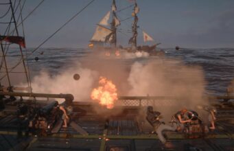 Assassin’s Creed Black Flag Resynced myi heti niin hyvin, että Ubisoftin tavoitteet täyttyivät koko vuoden osalta Toiminnantäyteinen meritaistelu, jossa laivan miehistö ampuu tykeillä kohti vihollisalusta keskellä savua ja räjähdyksiä.