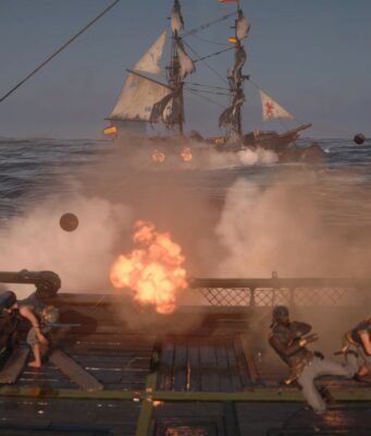 Assassin’s Creed Black Flag Resynced myi heti niin hyvin, että Ubisoftin tavoitteet täyttyivät koko vuoden osalta Toiminnantäyteinen meritaistelu, jossa laivan miehistö ampuu tykeillä kohti vihollisalusta keskellä savua ja räjähdyksiä.