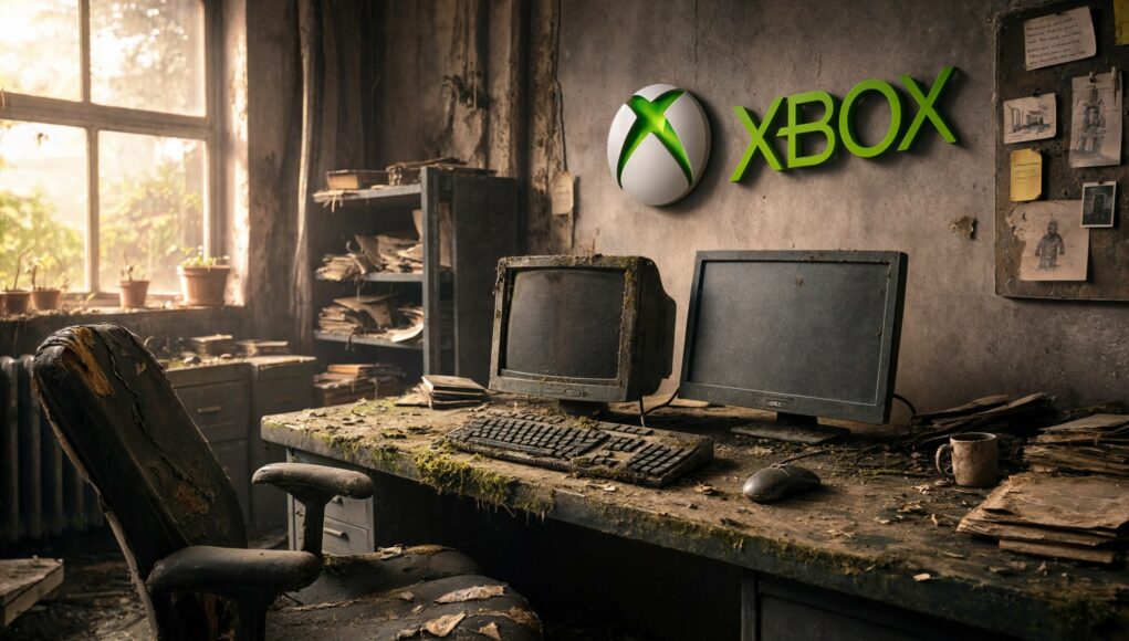 irtisanotun-tyopiste-xbox Rappeutunut ja sammaloitunut toimistohuone, jossa on vanhentuneita tietokoneita työpöydällä ja seinällä on siisti, moderni Xbox-logo.